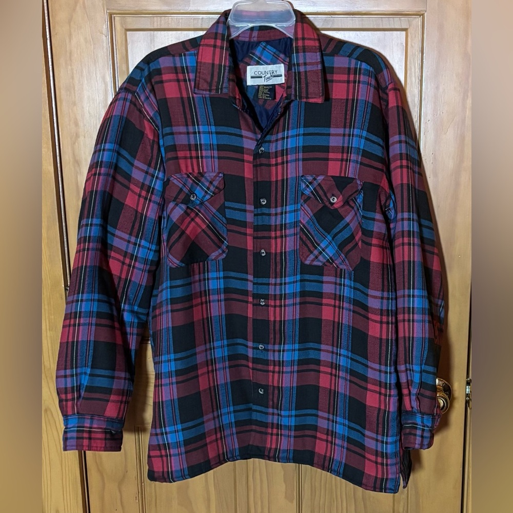 VTG Country Touch Flannel Shirt Jacket Shacket Plaid Button Up Quilt Lined Sz Lg